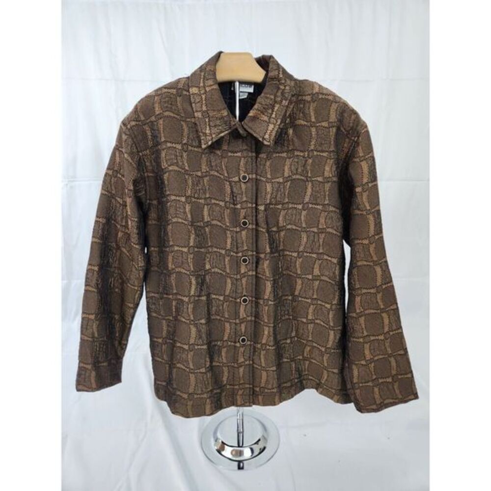 Chicos Brown Geometric Textured Button Front Jacket Size 1 Medium Made in USA‎